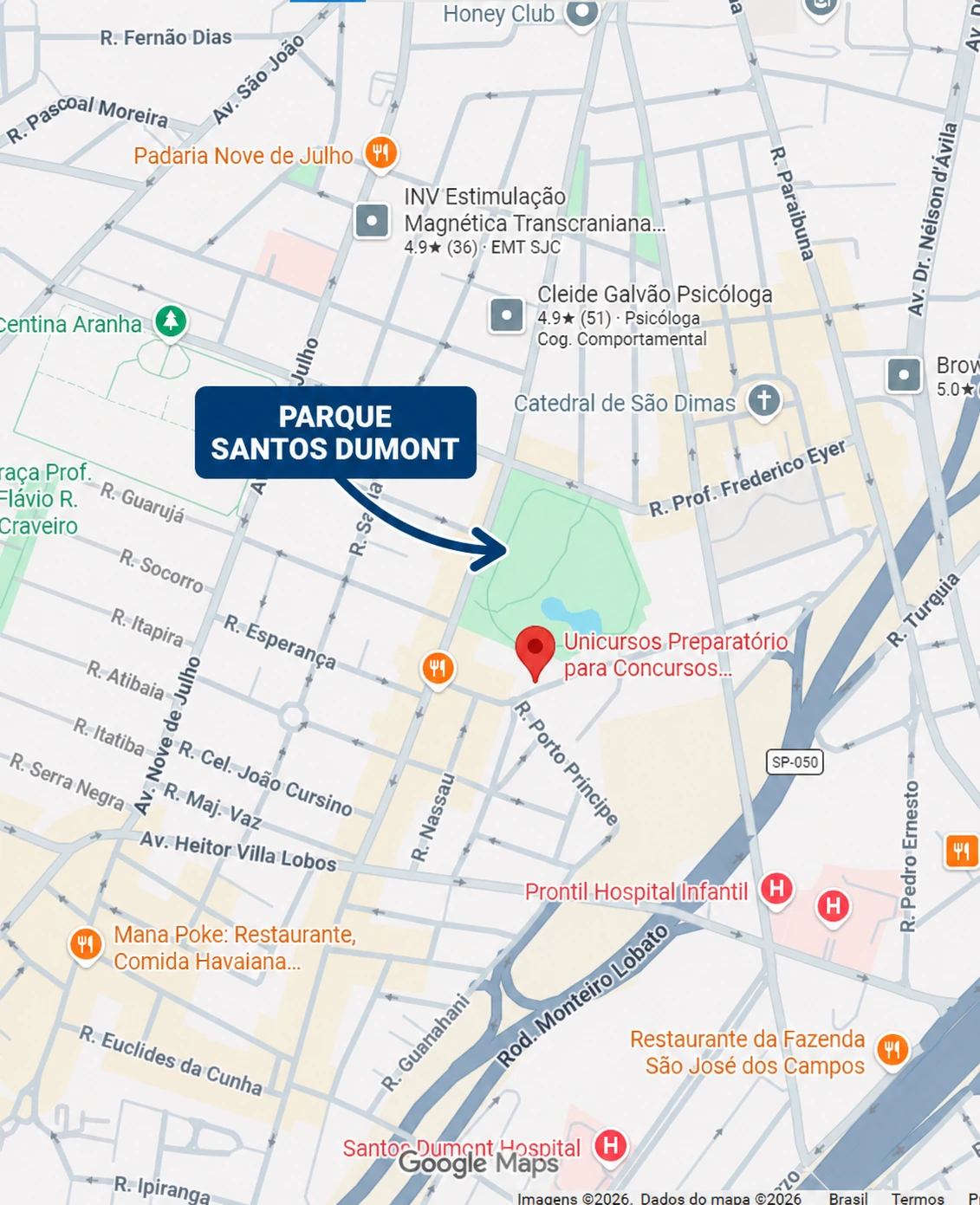 Mapa mostrando a localização da Unicursos próxima ao Parque Santos Dumont