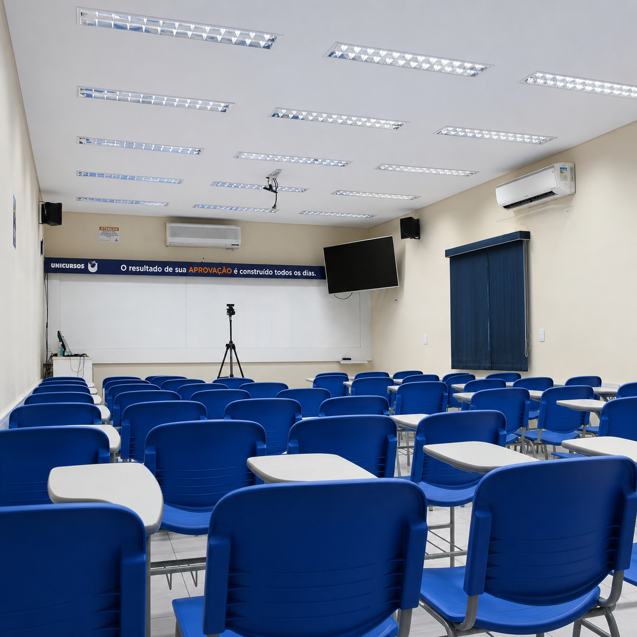 Vista ampla de uma sala de aula do Unicursos preparada para os alunos