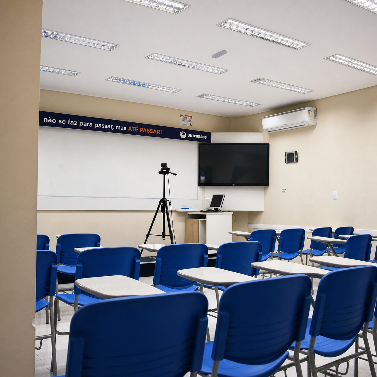 Sala de aula do Unicursos vista a partir das cadeiras dos alunos