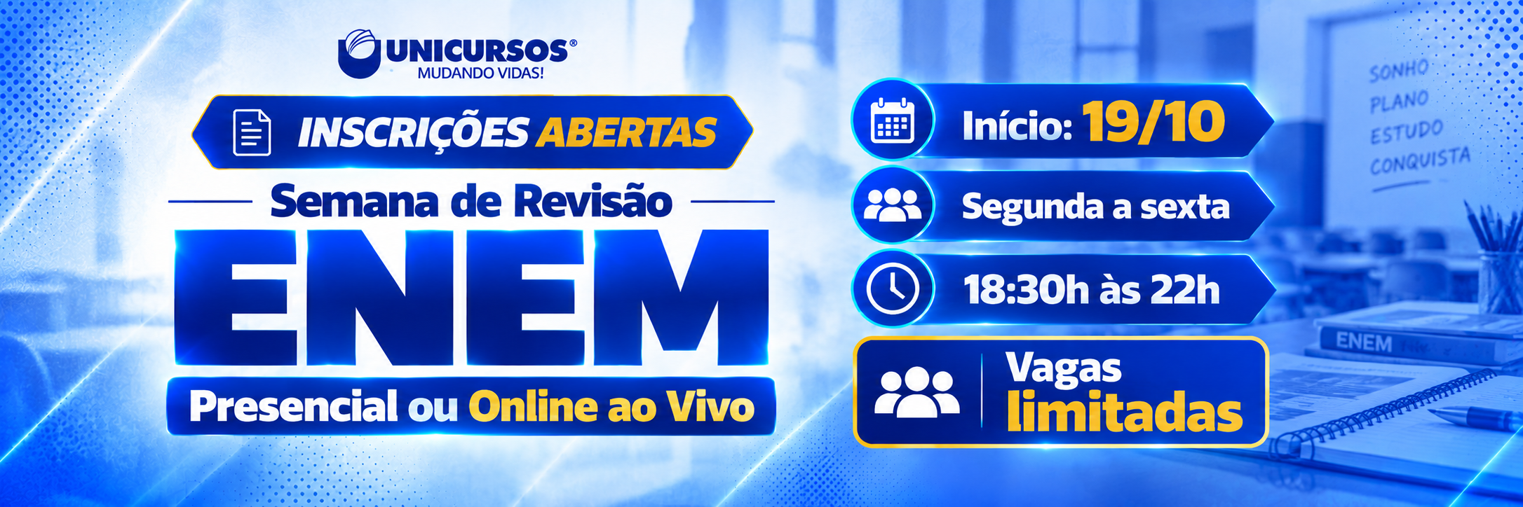 Semana de Revisão ENEM Unicursos: inscrições abertas, início em 19 de outubro